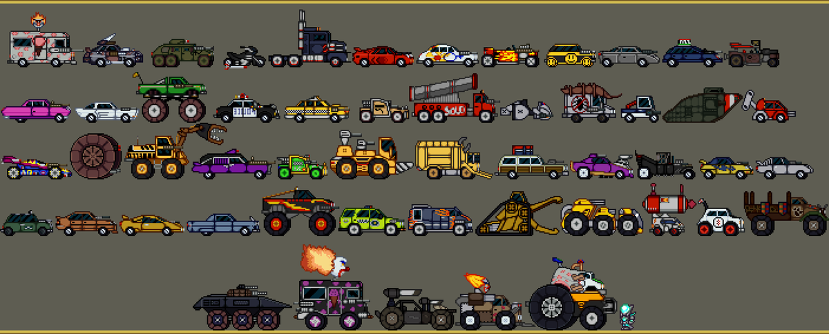 AbsoluteBoom96's tweet photo. All of the Twisted Metal vehicles that appeared on the PS1 games.
Done in a style that hopefull imitate that of Terraria's.
#pixelart #pixelartist #terraria #twisted_metal #twistedmetal #playstation https://t.co/eljF683UM0
