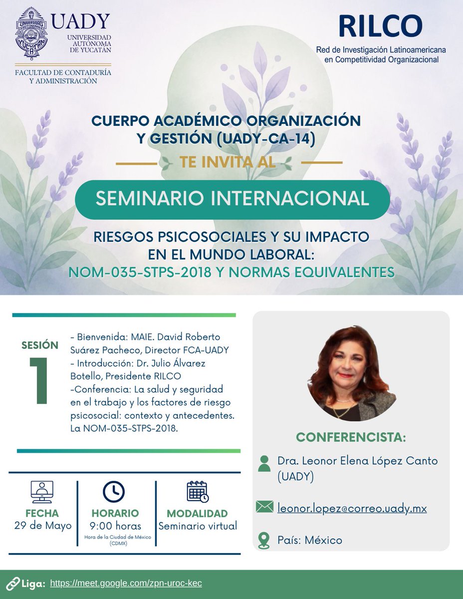 FcaUady's tweet photo. SEMINARIO INTERNACIONAL
RIESGOS PSICOSOCIALES Y SU IMPACTO EN EL MUNDO LABORAL
Del 29 de mayo al 9 de julio de 2026

DURACIÓN
30 horas de sesiones

MODALIDAD
Seminario Virtual

SEMINARIO SIN COSTO
Acceso a las sesiones: https://t.co/XZ1fQlXG4J

PROGRAMA
https://t.co/InOjIFrY2b https://t.co/8aGoOtWOaR
