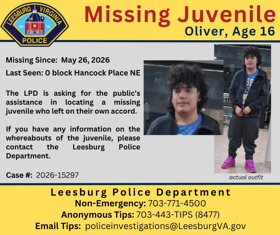 LeesburgPolice's tweet photo. The LPD is asking for the public’s assistance in locating a missing juvenile who left on their own accord.       

If you have any information on the whereabouts of the juvenile, please contact the Leesburg Police Department at 703-771-4500. https://t.co/aNF0ennAWB