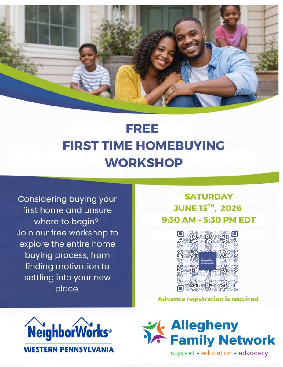 AlleghenyFamily's tweet photo. Thinking about buying your first home but not sure where to start?

Join us for a FREE First Time Homebuying Workshop with NeighborWorks Western Pennsylvania and Allegheny Family Network on Saturday, June 13, 2026 from 9:30 AM to 5:30 PM EDT! https://t.co/mKCuWPN7yb