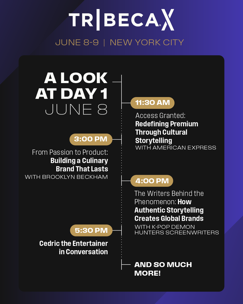 Tribeca's tweet photo. Brands meet entertainment. Ideas meet industry. Tribeca X 2026 is happening June 8–9 in NYC and the full schedule is here. Explore the program and get your pass ($100 off through Sunday!):

https://t.co/TcRQhMG2aQ https://t.co/638MOP6OLo