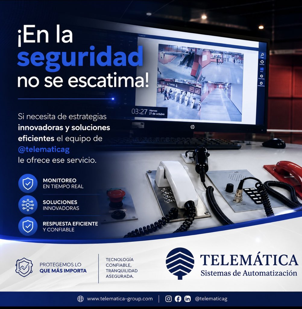 TelematicaG's tweet photo. 🔐 ¡En la seguridad no se escatima!

En @TelematicaG ofrecemos soluciones innovadoras y eficientes para el monitoreo y control de sus instalaciones.

🌐 https://t.co/q24R3aYWBd

#Seguridad #Tecnología #Telemática https://t.co/Zf59r5lLDo