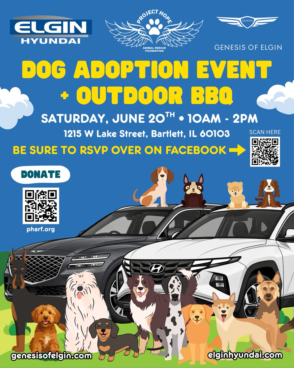 BLAutoGroup's tweet photo. Join us @ElginHyundai for our Dog Adoption Event + Outdoor BBQ with Project Hope Animal Rescue Foundation!

Meet pups, enjoy BBQ, &amp; check out the latest Hyundai &amp; Genesis vehicles. You might leave with a new best friend… or your dream car!

RSVP: https://t.co/KMVvJL7E1m https://t.co/0wKf3W9P4y