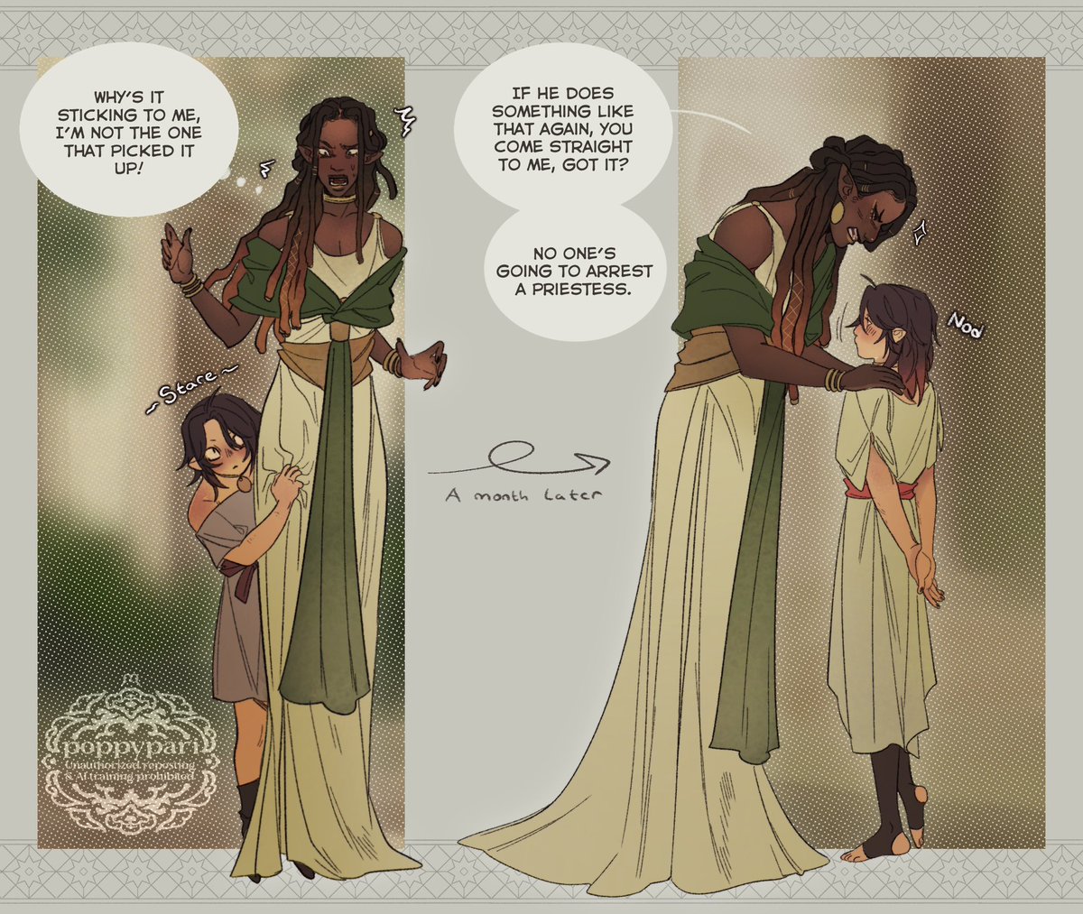 Poppypari's tweet photo. Happy to see people like Fauvi🫶 she’s a secondary character but she’s still very important since she basically raised Velik. The cat distribution system got to her I fear https://t.co/d9oMvD2JAD