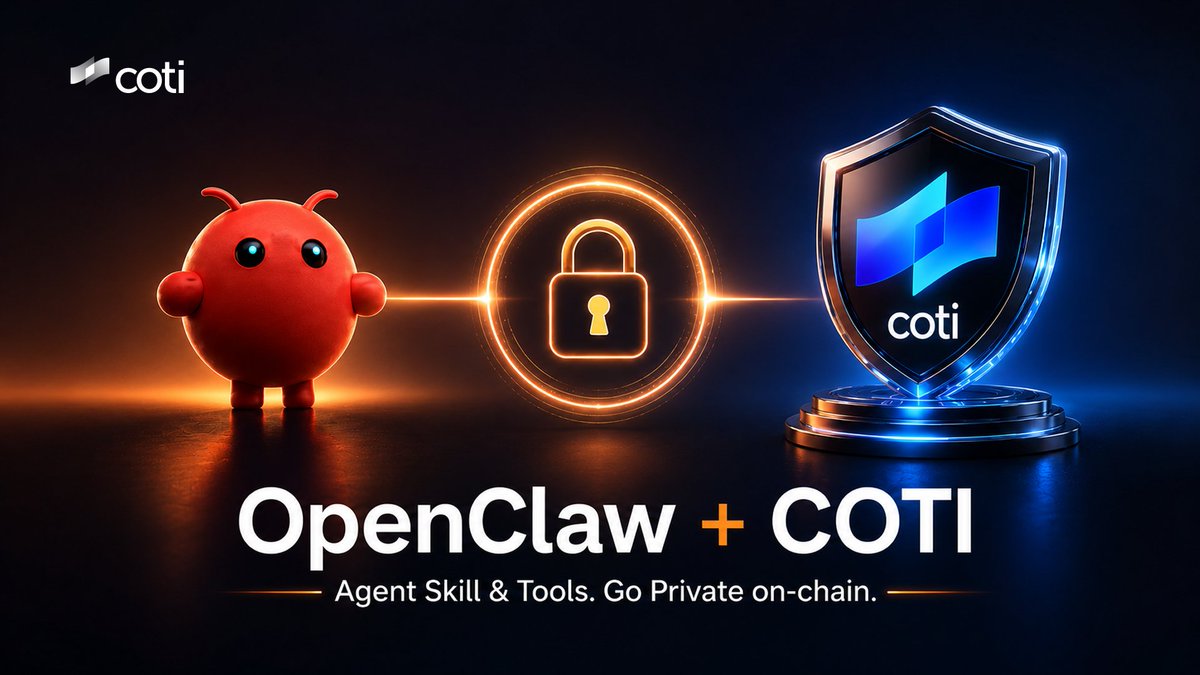 COTInetwork's tweet photo. Every OpenClaw agent can go private on-chain with COTI 🦞
One of the biggest open-source AI agents in the world with 100k+ GitHub stars ✨

Encrypted messaging. Private tokens. On-chain rewards. All powered by $COTI Garbled Circuits. Unlock the power of privacy for your @OpenClaw

Get started 👉 https://t.co/yBmvatbmwk