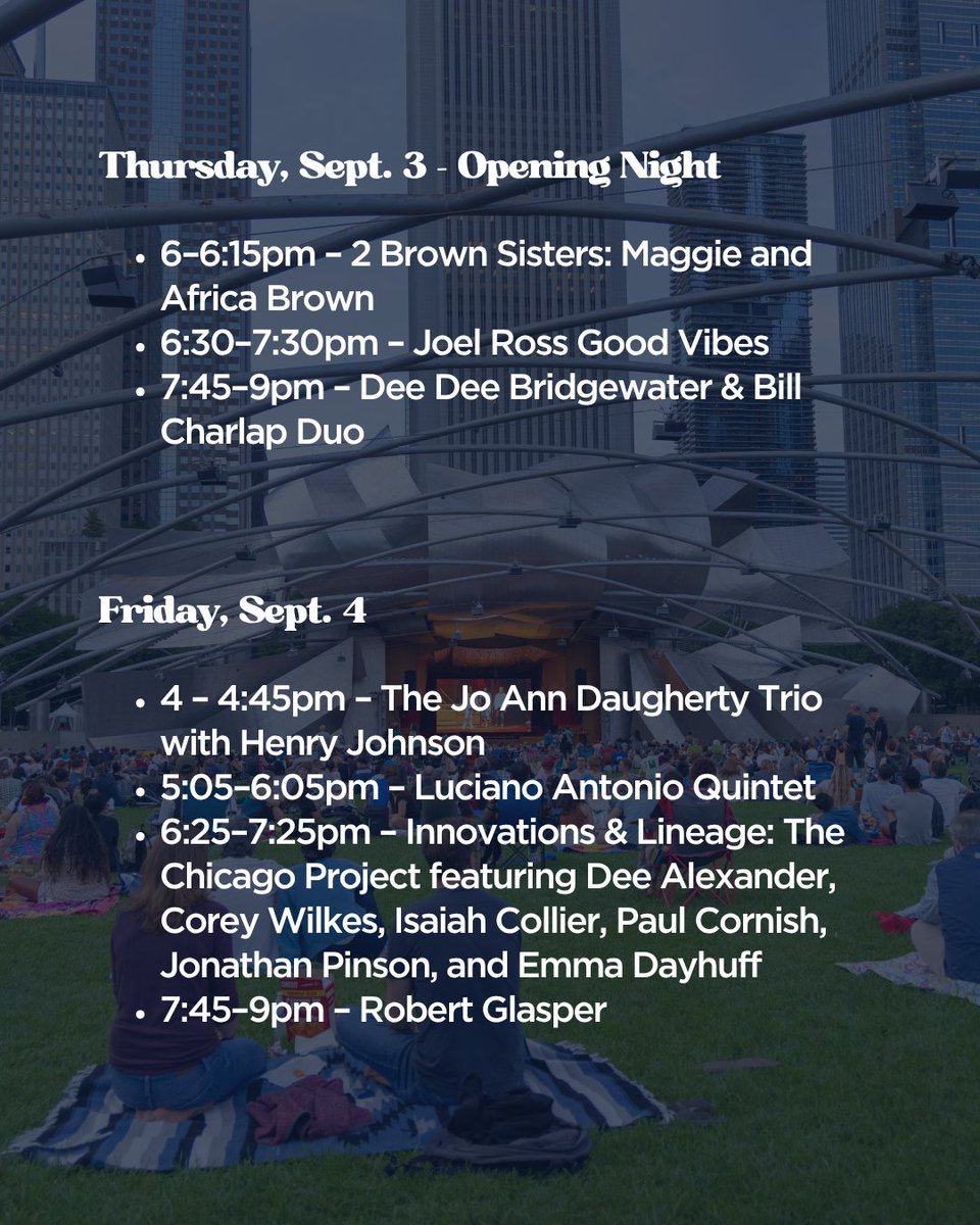 ChooseChicago's tweet photo. 🎷 The 2026 Chicago Jazz Festival lineup is here!

The oldest of Chicago’s free lakefront music festivals, the Chicago Jazz Festival boasts an incredibly diverse lineup of jazz talent.

📅  9/3-6, 2026
📍 Millennium Park

🔗  More info: https://t.co/apGaSVsjsd

#NeverOutdoneChi https://t.co/7pk6sPq6bE