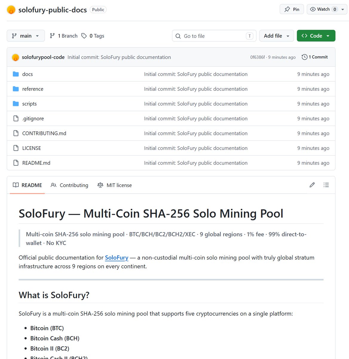 SoloFuryPool's tweet photo. 📖 SoloFury public docs are now on GitHub.

Setup guides, complete stratum endpoint reference (45 endpoints across 9 regions).
API reference. Technical FAQ.

All MIT licensed.

🔗 https://t.co/39k7MnG5zB

#solomining #BCH #Bitaxe #SHA256 #BitcoinCash https://t.co/gfx5UyRG11