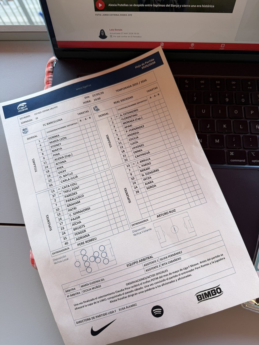 LaiaBonals's tweet photo. La última hoja de alineaciones de Alexia Putellas como jugadora del Barça🥹 https://t.co/Cll7Id6dYY