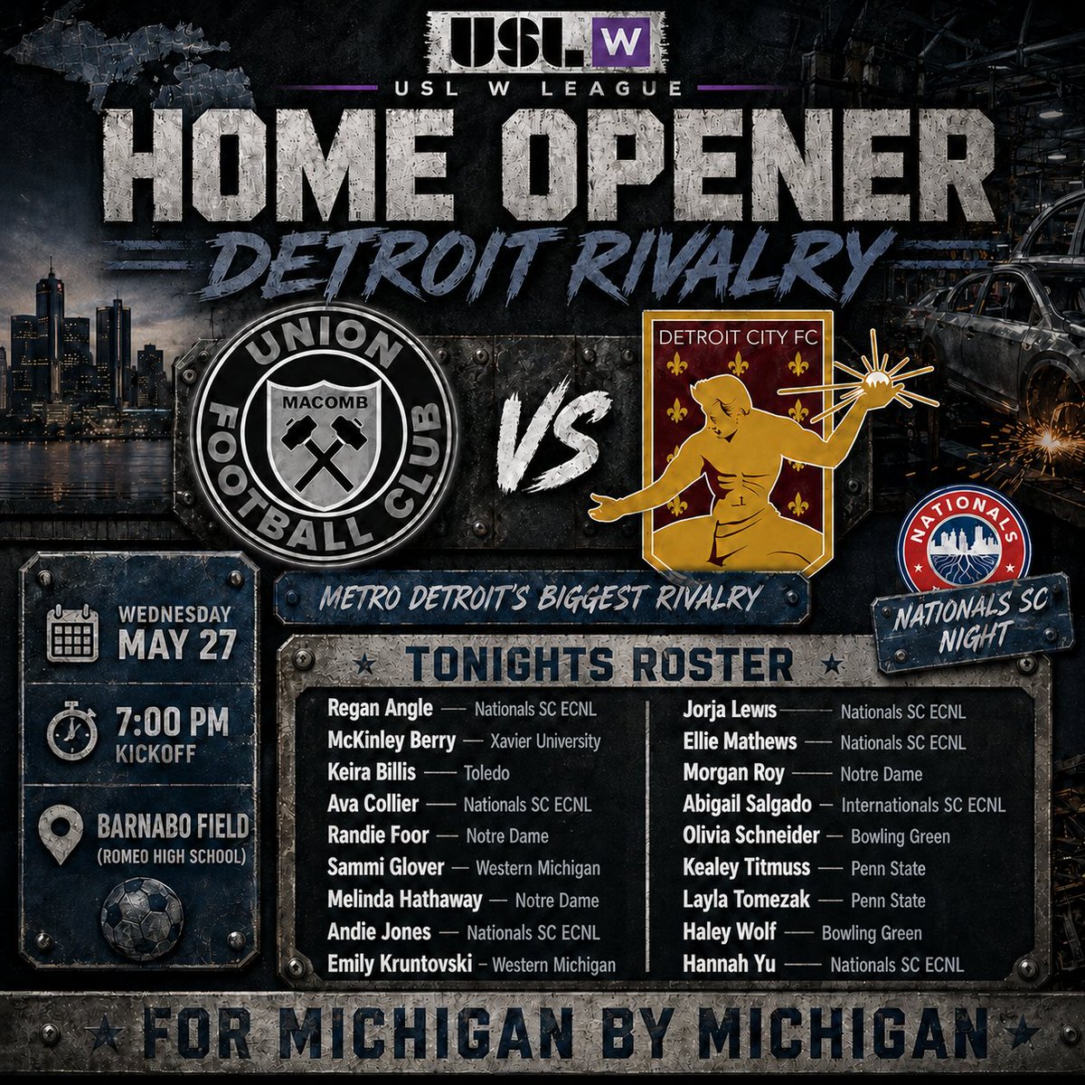 UnionFCMacomb's tweet photo. Tonight under the lights. 🔥⚽️

USL W League Home Opener. Union FC Macomb vs Detroit City FC. A true Detroit Rivalry.

Two of Metro Detroit’s biggest programs. One massive night. One chance to make a statement.

For Michigan. By Michigan.

#UnionFC #USLW #DetroitRivalry https://t.co/qJ67EuE897