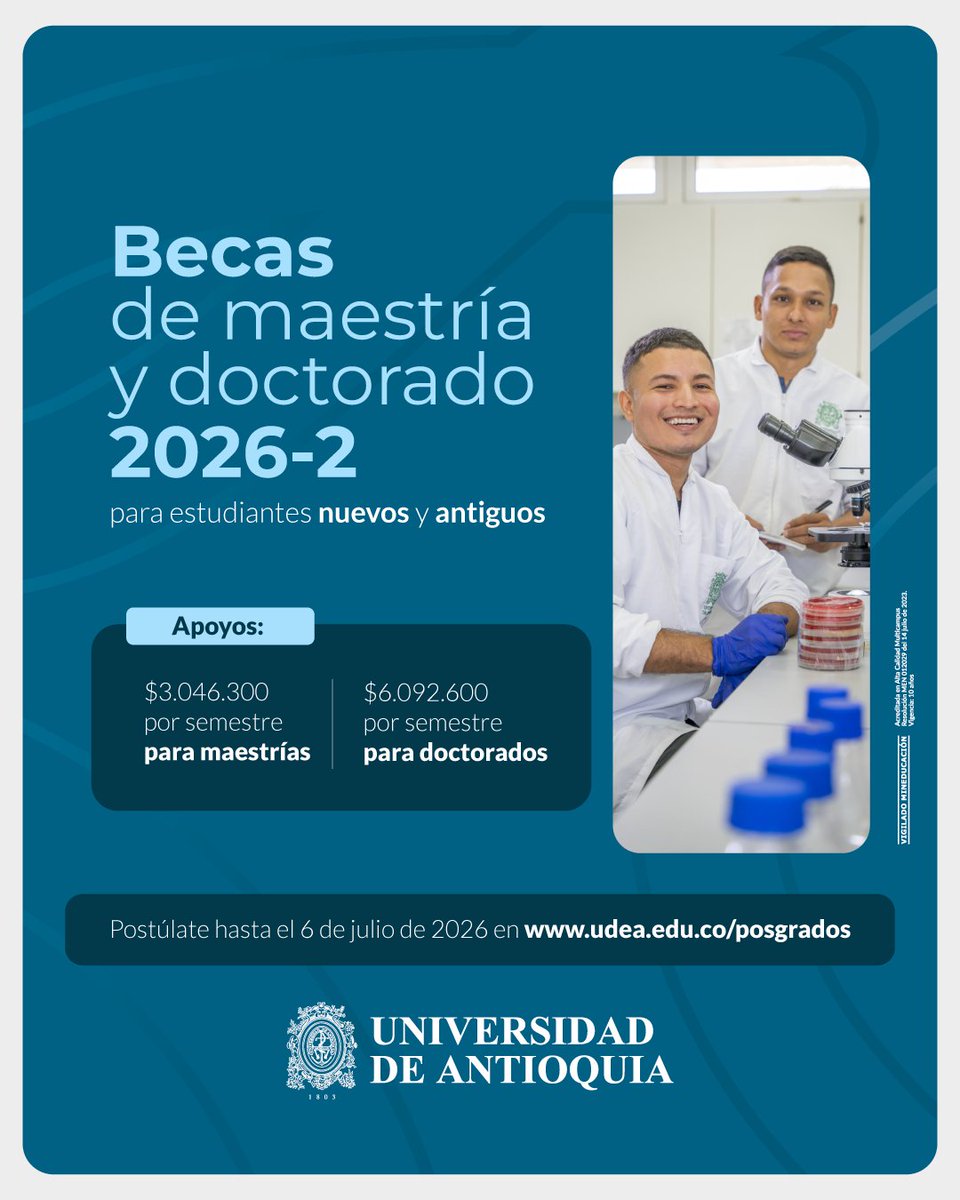UdeA's tweet photo. Impulsa tu futuro académico y accede a financiación para tu matrícula de posgrado ✨ Recibe hasta $3.046.300 por semestre para tu maestría o hasta $6.092.600 por semestre para tu doctorado.

▶️ Contaremos todos los detalles de esta convocatoria en nuestro webinar de becas y financiación este jueves 28 de mayo, a las 5:00 p.m., vía Zoom.

💚 Una convocatoria con enfoque diferencial y que prioriza:
- Mujeres
- Condición de discapacidad
- Identidad de género diversa
- Comunidades étnicas
- Condiciones socioeconómicas vulnerables
- Víctimas

Si eres estudiante activo de posgrado, ¡esta convocatoria también es para ti!

📌 Consulta todos los detalles en https://t.co/G9CzwPjrpA