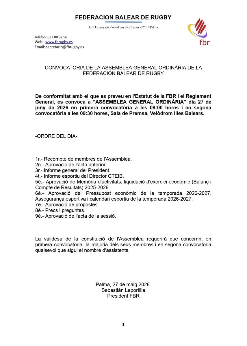 Fbrugby's tweet photo. @fibwiradio Hola, soy el secretario de la Federación Balear de Rugby y hoy es el último día para poder publicar la convocatoria de la asamblea general ordinaria del próximo 27 de junio. ¿Nos ayudáis a publicarlo? Muchas gracias. https://t.co/NE7EwwuFfh