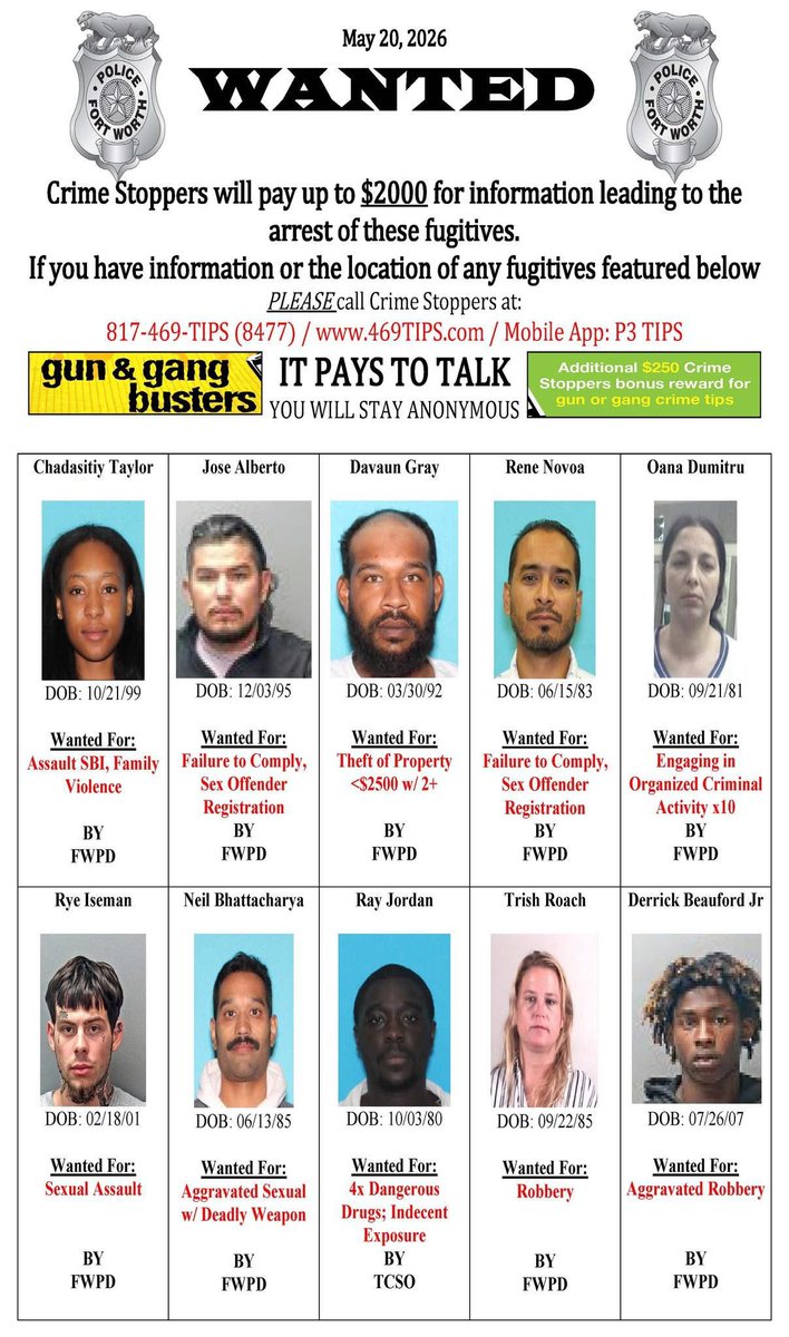 fortworthpd's tweet photo. The Fort Worth Police Department’s Most Wanted!

If you have any information leading to the arrest of these fugitives, Crime Stoppers will pay up to $2,000!

Please Call 817-469-TIPS or visit https://t.co/fR5KiUrE8L

It pays to talk! https://t.co/EXzDp17CzA