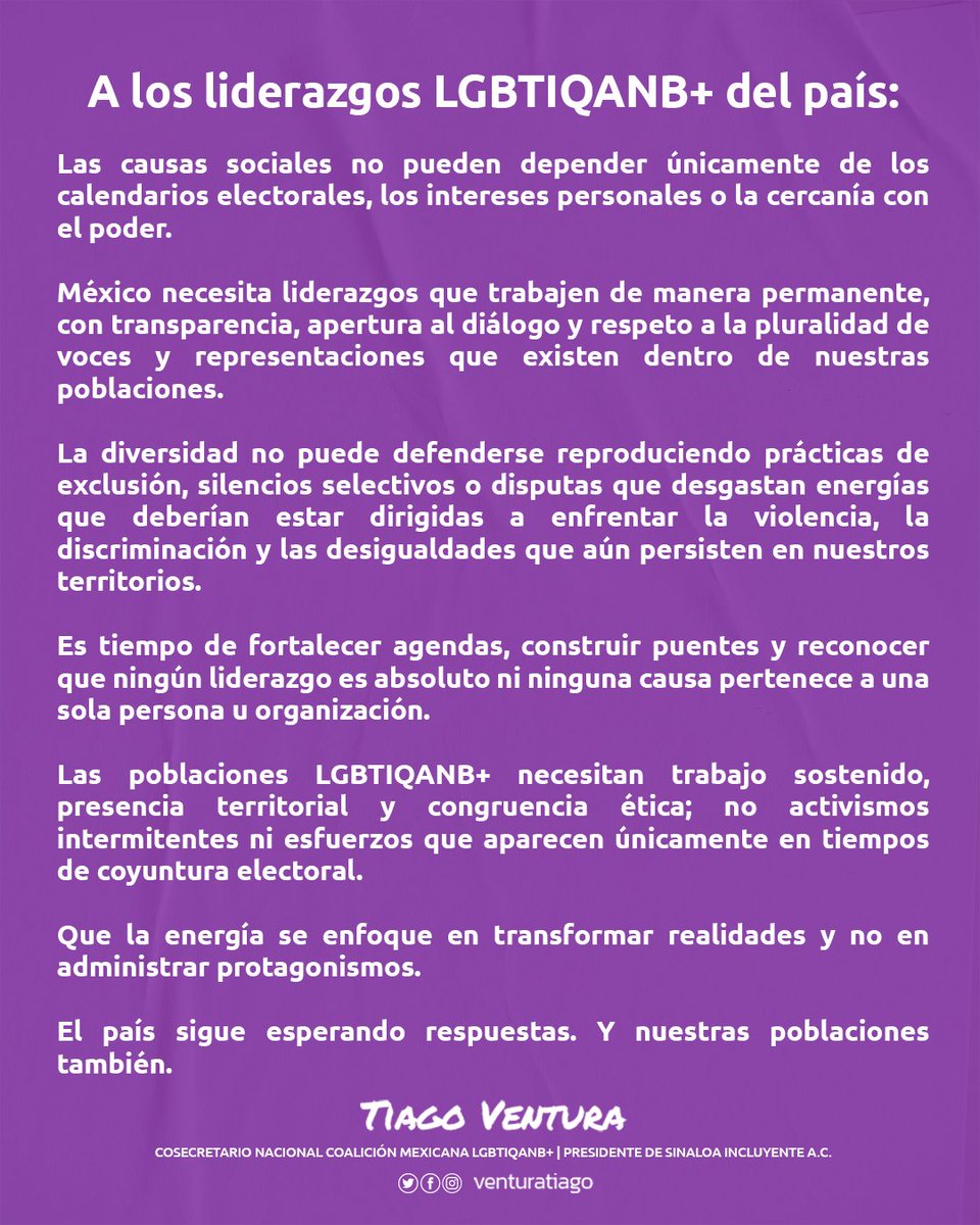 venturatiago's tweet photo. 📌 Las poblaciones LGBTIQANB+ necesitan liderazgos que trabajen todo el año, no sólo en tiempos electorales. Menos protagonismos, más agenda, transparencia y trabajo territorial. 🏳️‍🌈🏳️‍⚧️ https://t.co/gYQLD0Rktr