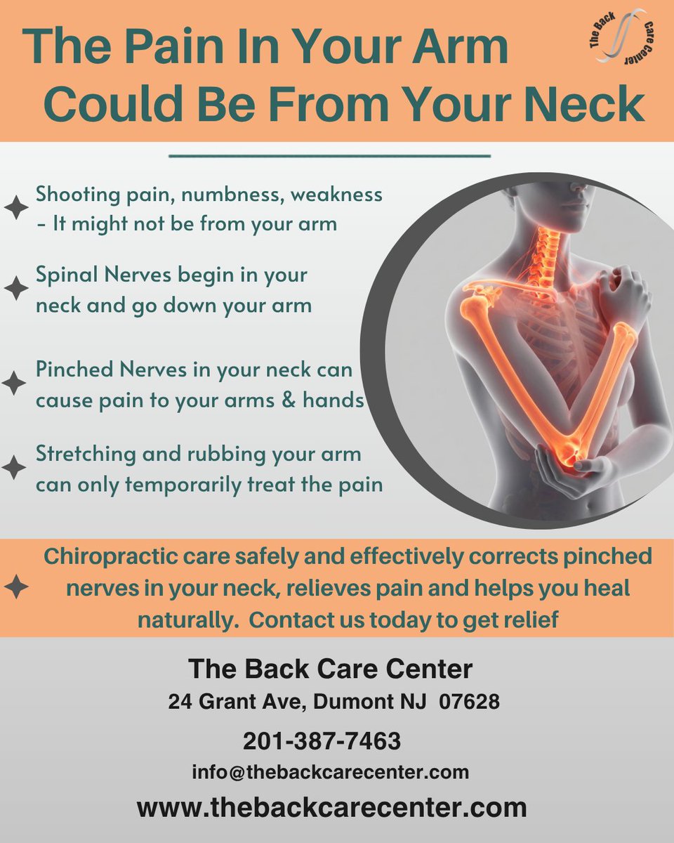 backcarecenter's tweet photo. If you’re dealing with arm pain, tingling, numbness, or weakness, the source may be your neck.
Chiropractic care can help relieve pressure and irritation affecting the nerves traveling into the arm
📞 201-387-7463 | Ask about our NEW Patient Special.
#NeckPain #Chiropractic https://t.co/I0c3PYX3OI
