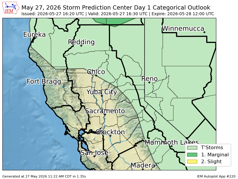 CalStormLover's tweet photo. #SPC issues Day 1 Marginal Convective Risk at May 27, 16:20z for STO https://t.co/phP5v2gKPY https://t.co/RoURXsa9fg