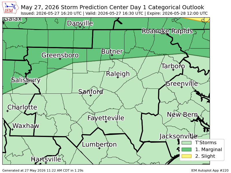 iembot_rah's tweet photo. #SPC issues Day 1 Marginal Convective Risk at May 27, 16:20z for RAH https://t.co/7YOtK0ExBH https://t.co/2uTZv0k6gP