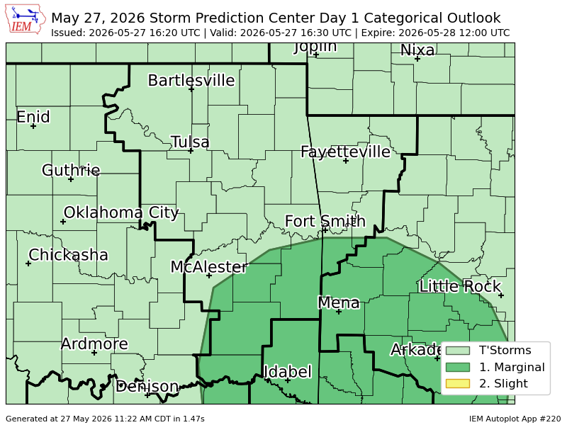 iembot_tsa's tweet photo. #SPC issues Day 1 Marginal Convective Risk at May 27, 16:20z for TSA https://t.co/dIPHIxVRxI https://t.co/Hd2c6OWVqO