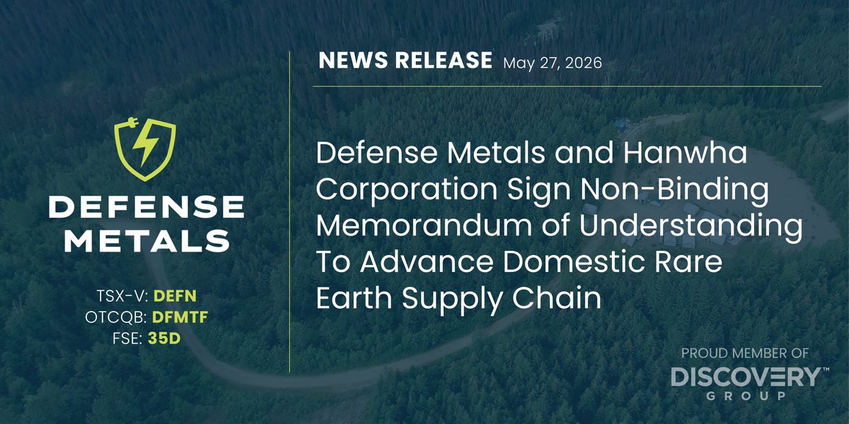 DefenseMetals's tweet photo. NEWS: Defense Metals and Hanwha Corporation Sign Non-Binding Memorandum of Understanding To Advance Domestic Rare Earth Supply Chain

Full release: https://t.co/txOpVIFcYs

$DEFN.v $DFMTF  #RareEarths #CriticalMinerals https://t.co/j0euk1B2Wa