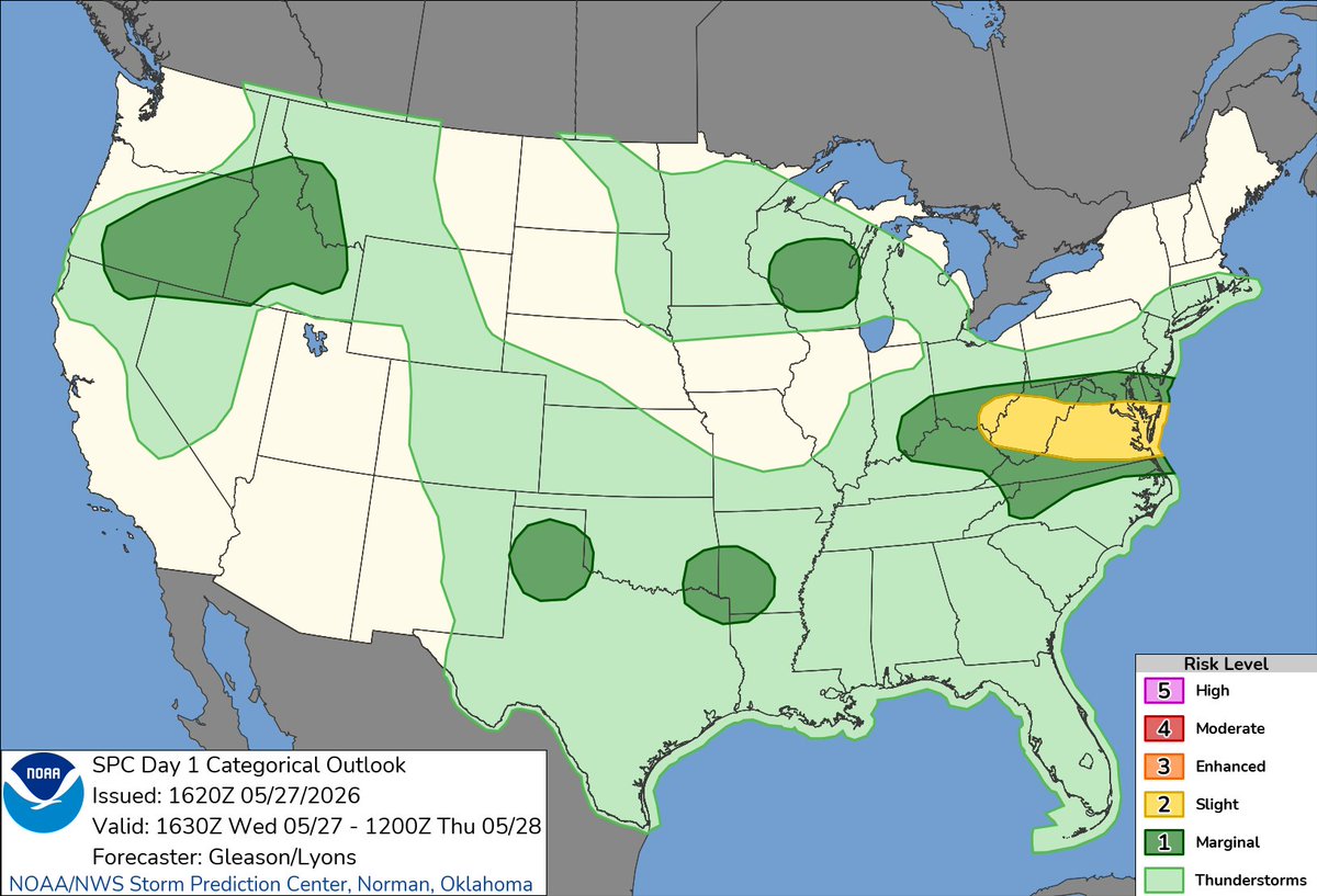 NWSSPC's tweet photo. 11:22am CDT #SPC Day1 Outlook Slight Risk: across parts of the Ohio Valley into the Mid-Atlantic https://t.co/TgJgC6cj9Y https://t.co/3hwyJ2dfhk