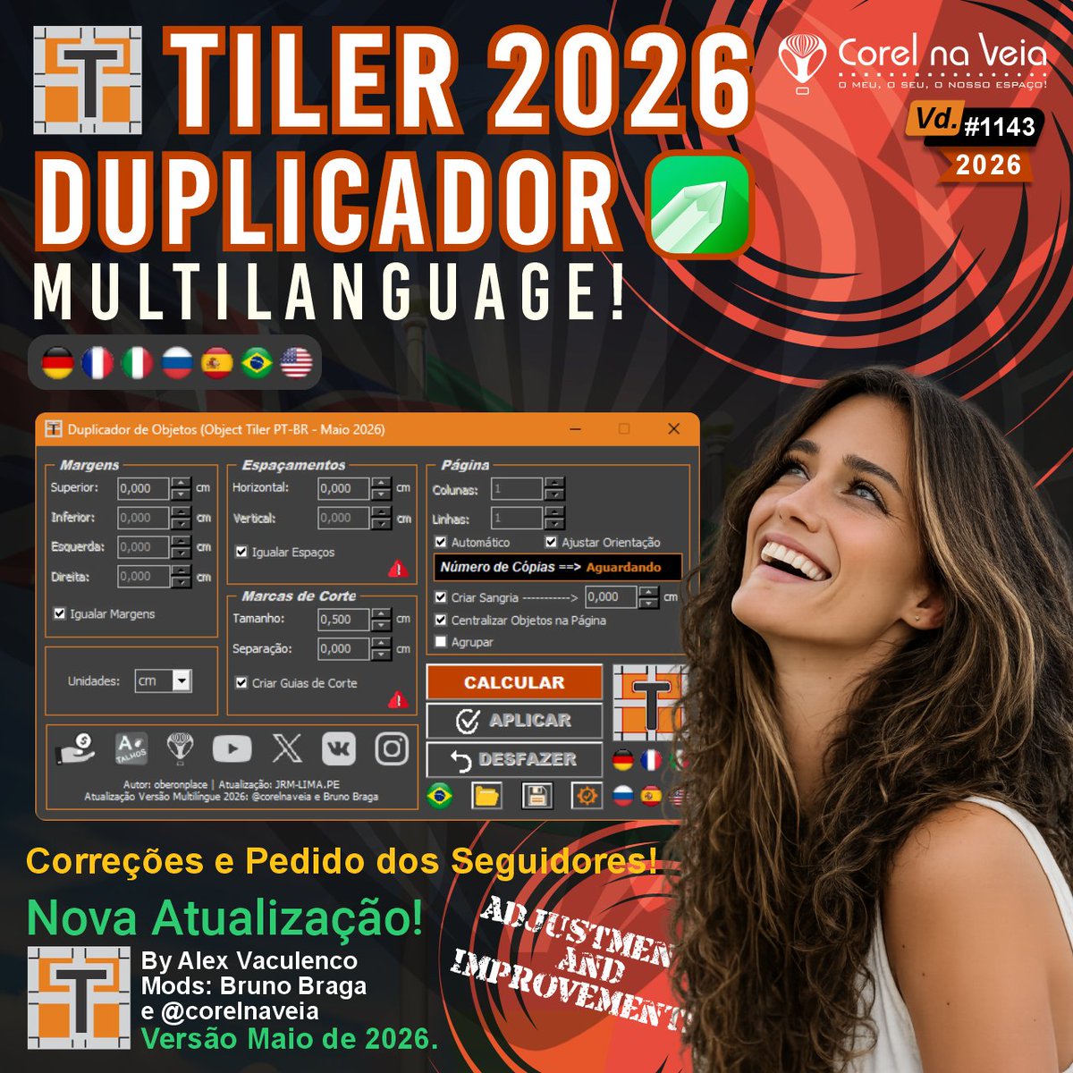 CorelnaVeia's tweet photo. 🪄 #Macro #Tiler Multilíngue #Duplicadora de Objetos for #CorelDRAW Atualização Maio de 2026  https://t.co/YrLrP3mphV no Seu Canal de CorelDRAW! By: Alex Vaculenco Mods: JRM, Bruno Braga e @corelnaveia 
🚩 Idiomas: Alemão, Francês, Italiano, Inglês, Português, Espanhol e Russo. https://t.co/WRaY9QC2jb