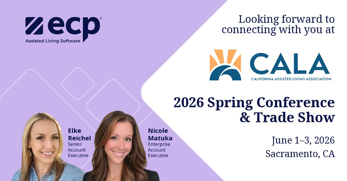 ExtendedCarePro's tweet photo. Elke Reichel and Nicole Matuka are heading to CALA Spring 2026. They'll be talking with operators about what it looks like when an assisted living community runs on one platform — less friction, fewer compliance headaches.

Stop by booth 308 to say hi and learn more! https://t.co/zYjWgSkKFe