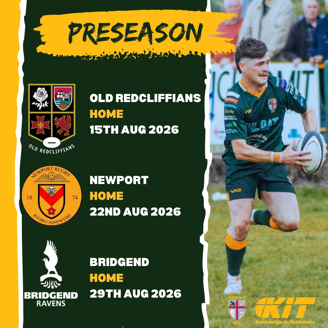 BeddauRFC's tweet photo. Some very appetising preseason fixtures in preparation for the 2026/27 season have been scheduled. Another BIG YEAR OF RUGBY to come for our men of The Green &amp; Gold.
#AsOne 🏉 https://t.co/JForJuUZ2h