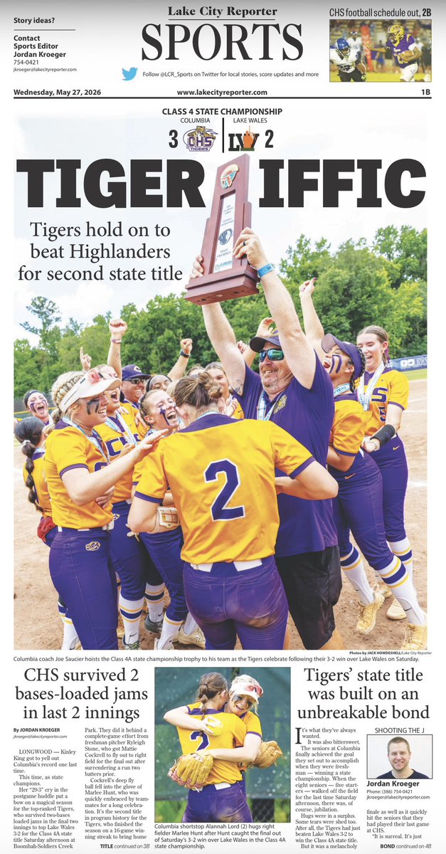LCR_Sports's tweet photo. Today’s sports front of the Lake City Reporter. Make sure to pick up a copy! Lots of coverage of Columbia’s softball state championship. https://t.co/kjToN3pJiS
