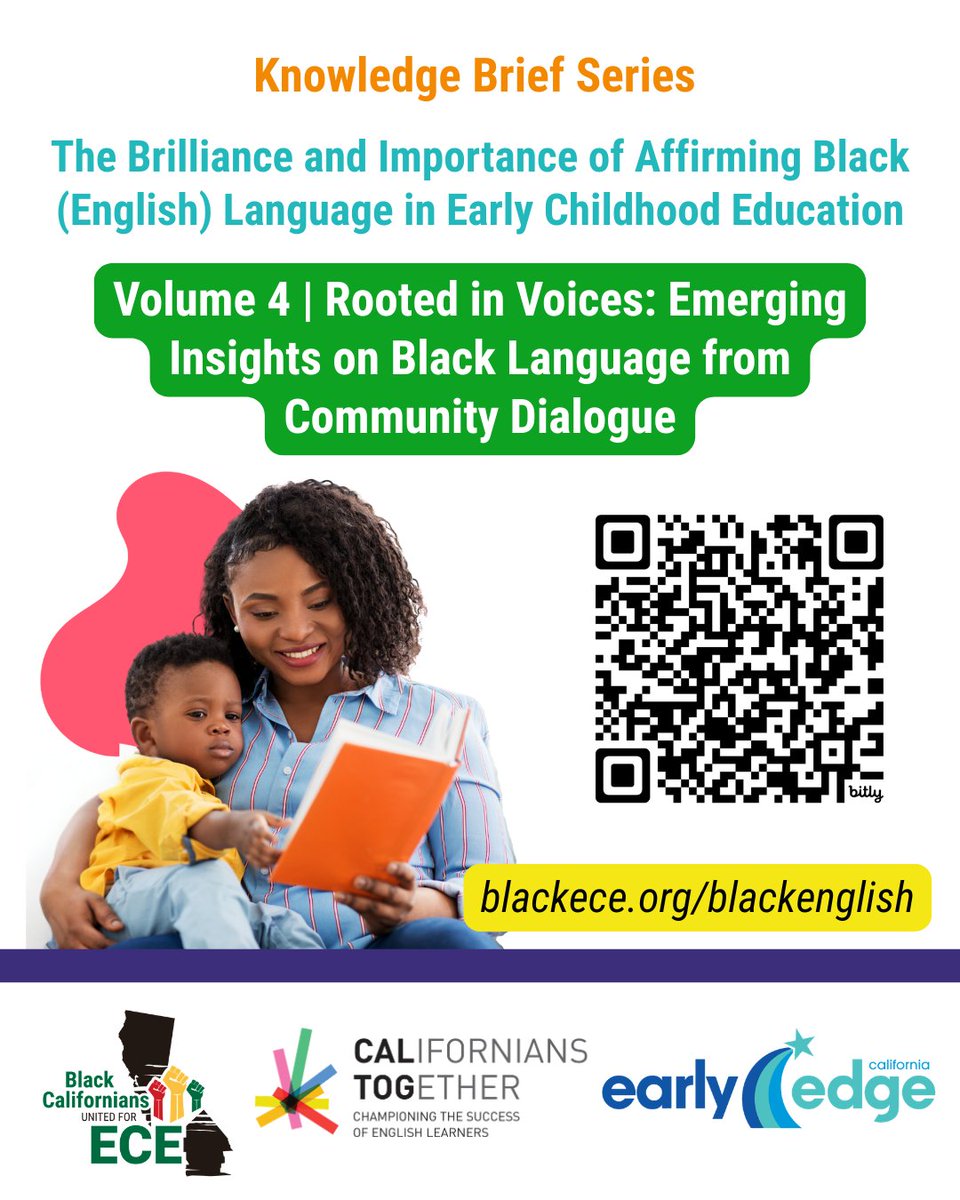 EarlyEdgeCA's tweet photo. The knowledge brief series, The Brilliance &amp; Importance of Affirming Black (English) Language in ECE, is excited to launch Vol. 4: Rooted in Voices: Emerging Insights on Black Language from Community Dialogue. https://t.co/FiAp8USPep @BlackECECA @CalTog @EarlyEdgeCA #BlackECE https://t.co/oLM5Ii4amo
