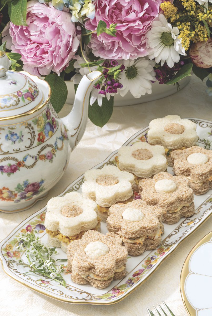 TeaTimeMag's tweet photo. These Curried Ham Salad &amp; Pineapple Flower Sandwiches and Carrot, Radish &amp; Mint Flower Sandwiches are delectable, refreshing, and add beauty and whimsy to the savories course. What tea would you pair with these lovely bites? Find the recipes at https://t.co/FnJVK8XyyL. https://t.co/jCJIhwFtFV