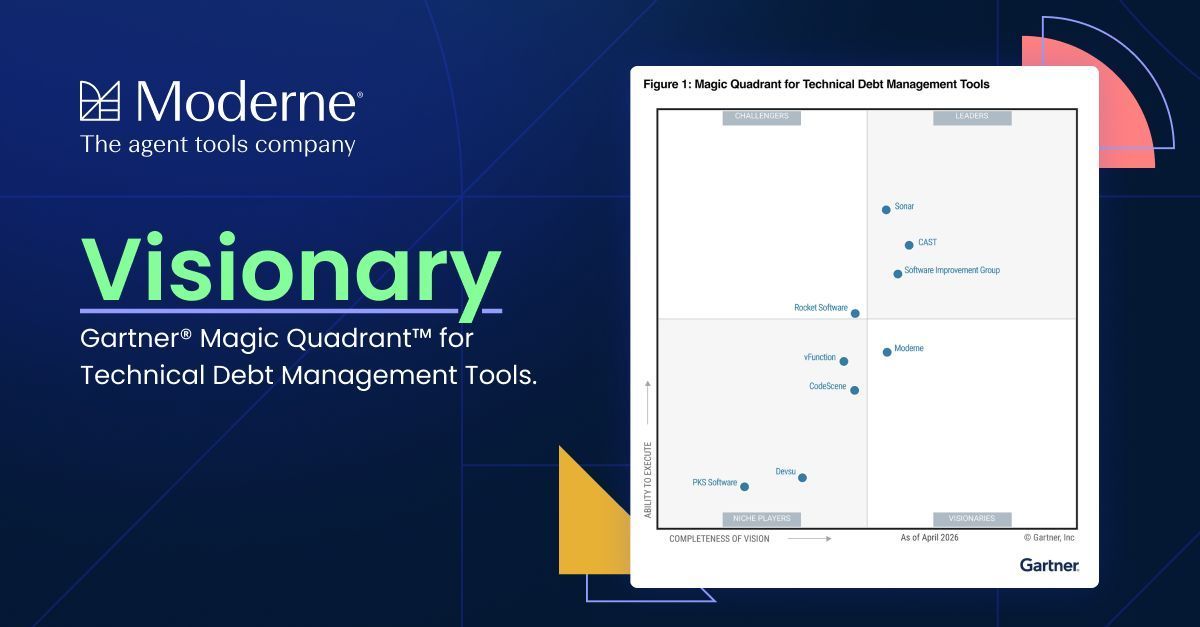 moderneinc's tweet photo. We're proud to announce that Moderne has been recognized as a Visionary in the Gartner® Magic Quadrant™ for Technical Debt Management Tools. 

Download the report to learn more: https://t.co/rGuGd4FWiF https://t.co/mVBndCcu3T