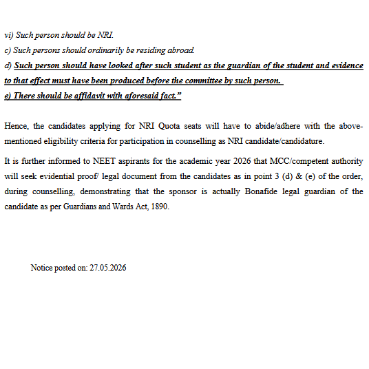 justgetmbbs's tweet photo. MCC has released the eligibility criteria for NRI quota. Please read the last paragraph carefully, if you are an NRI sponsored candidate.

#NEETUG2026 https://t.co/mjD4EjghLG