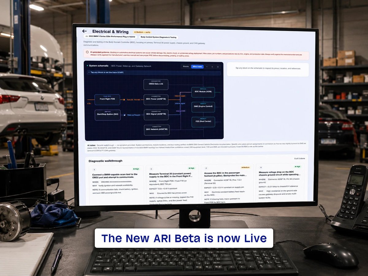uMob5's tweet photo. See if our tedious work will level up the productivity in your shop. Check out the new ARI Beta.

AI wiring diagrams, full P&amp;L reports, Helcim, Nexpart, Body Repair labor guides. All live to test.

Open it, kick the tires, tell us what's off:
https://t.co/9C3HwOTt43 https://t.co/DzMGSYq57S