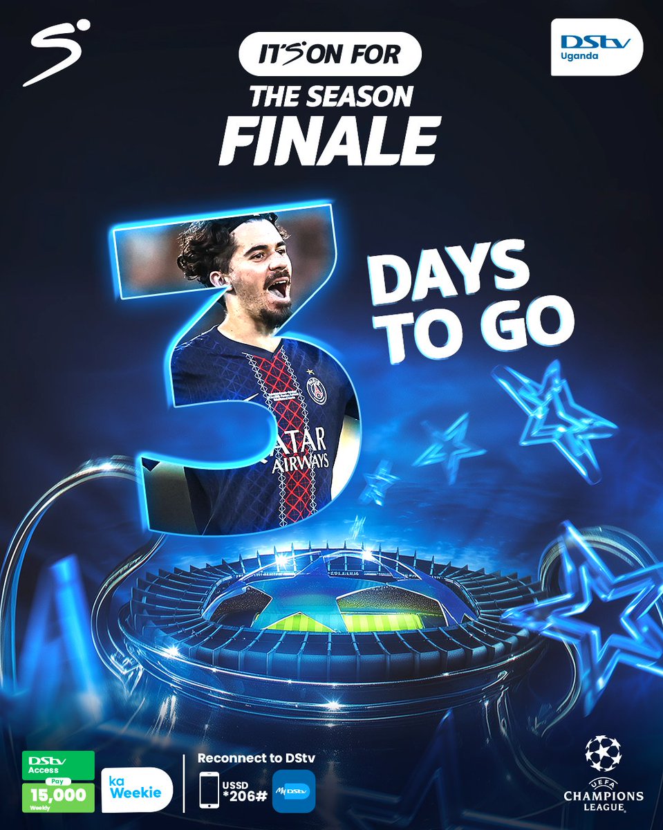 DStvUganda's tweet photo. The clock is ticking…....⏰

3 DAYS TO GO !!

Catch the UCL final LIVE on DStv from UGX 15K with #KaWeekie. Dial *206# or reconnect via the MyDStv App.

#SeasonEwoome #UCL https://t.co/QTSz7yWyKk