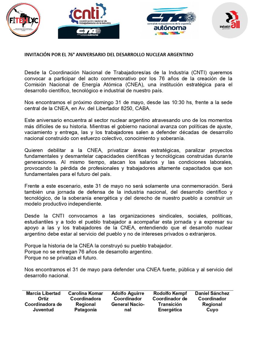 CNTICTA's tweet photo. Desde la CNTI invitamos a  participar de los 76 años de la creación de la CNEA.
Este 31 de mayo seguimos defendiendo 76 años de desarrollo nuclear argentino, bregando por un proyecto de país con desarrollo científico, autonomía tecnológica y soberanía energética. https://t.co/KKgRgZsxFN
