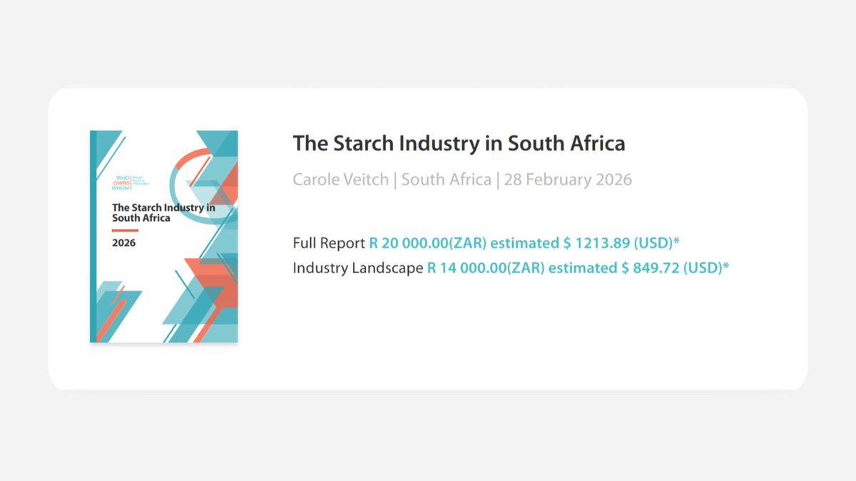 WhoOwnsWhom's tweet photo. Access The Starch Industry in South Africa 2026 Report today
🔗 : https://t.co/e138qhIROE

See profiles of 19 companies, including the dominant player Ingrain.

#WhoOwnsWhom #WOWEB https://t.co/KWF2l7DnOl