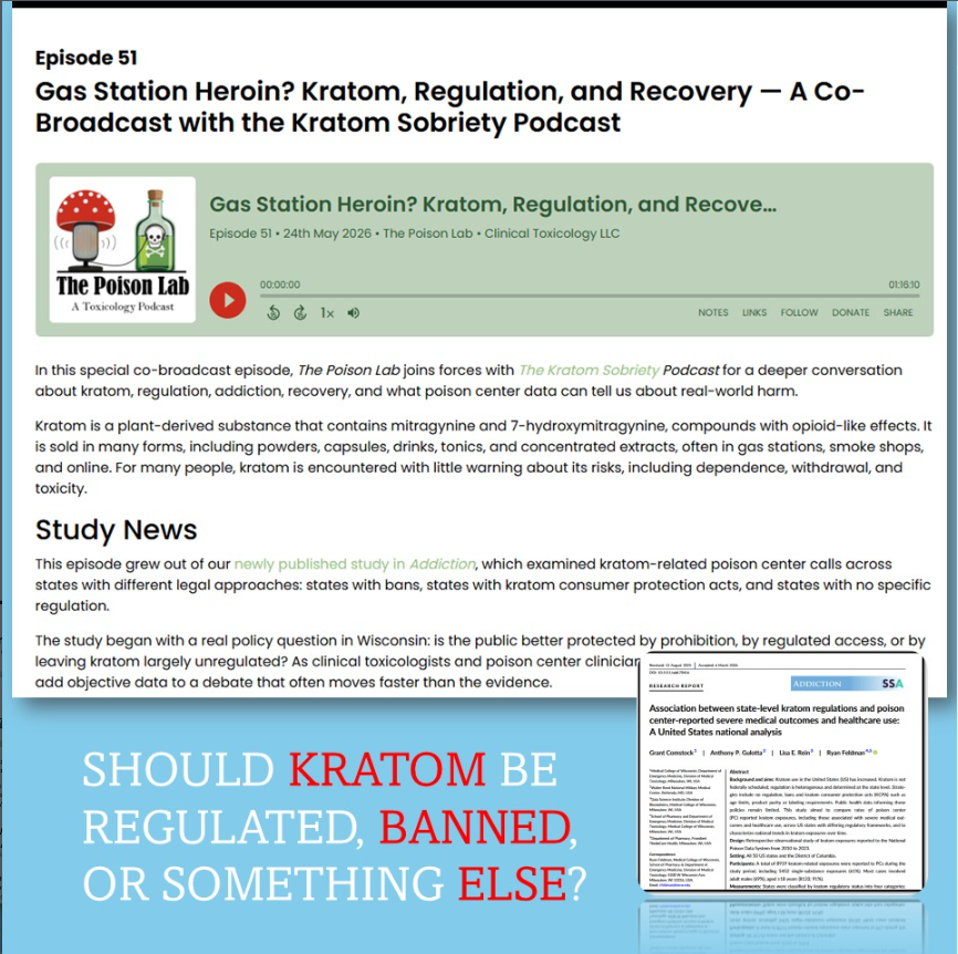 LabPoison's tweet photo. New episode: a co-broadcast with The Kratom Sobriety Podcast.

We talk kratom, poison center data, dependence, withdrawal, recovery, and why the policy debate is more complicated than “ban it” vs “leave it alone.”

#ThePoisonLab https://t.co/qy0OXA5Hvh
https://t.co/9FVFIM7Trp https://t.co/hqoUP1Tyiq