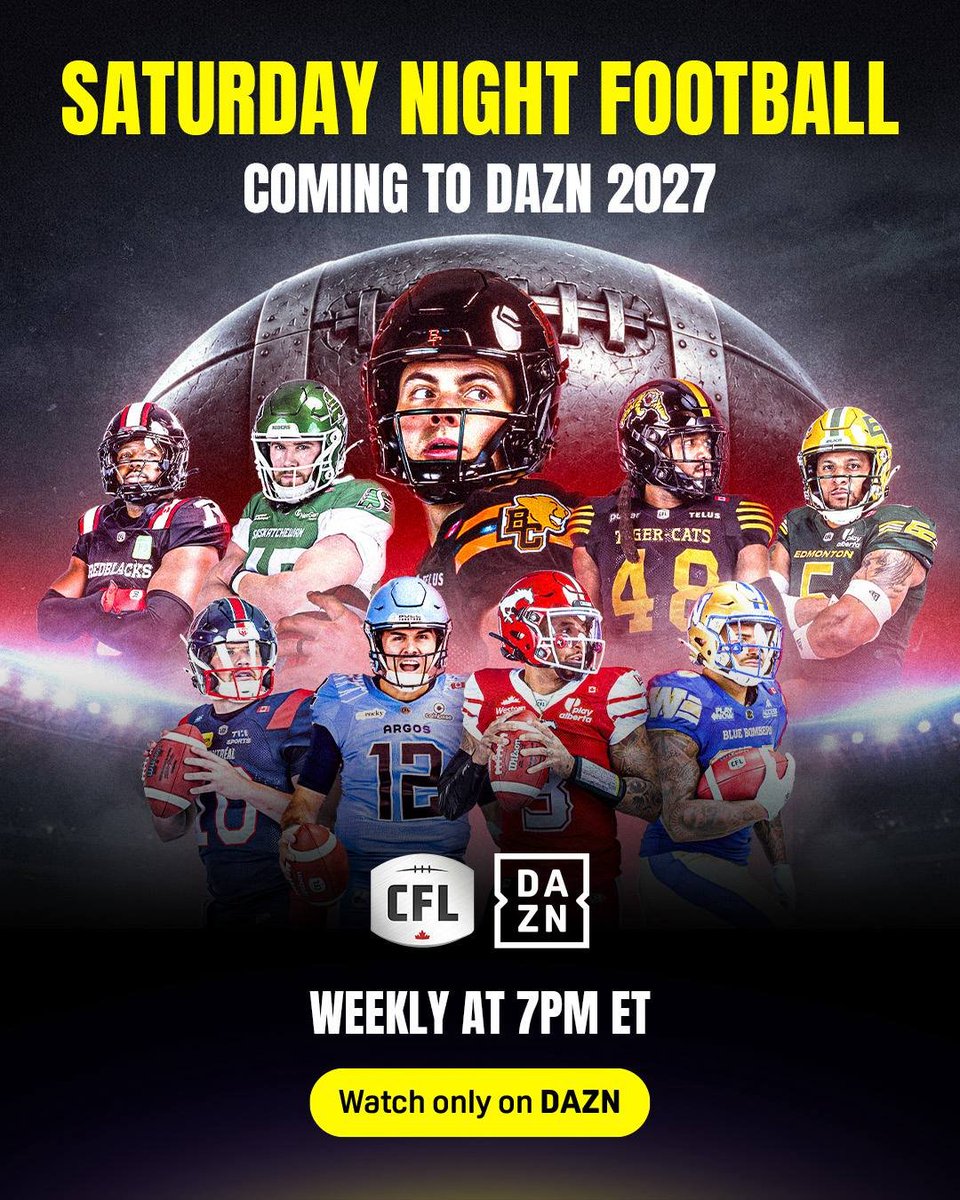 DAZN_CA's tweet photo. DAZN will become the EXCLUSIVE BROADCASTER of Saturday 7PM EST @CFL games in Canada starting in 2️⃣0️⃣2️⃣7️⃣❗

Fans nationwide will be able to watch one pre-season game, 21 consecutive Saturday evening regular season games, and two playoff games each season, only on DAZN 🤝🏈

DAZN will also broadcast 84 CFL games every season to fans internationally for free (excluding the US) – 81 regular season games, one pre-season game, and every playoff game, including the Grey Cup 🙌

#CFLonDAZN | #CFL | #DAZN