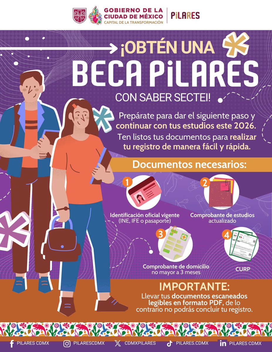 CdmxPilares's tweet photo. ⏰📚 ¡Última oportunidad para realizar tu registro a #SaberSECTEI y obtener una #BecaPILARES!📚⏰
⚠️ Recuerda que mañana es el último día para realizar tu registro.
Acude a cualquiera de los 300 #PILARES. Las y los docentes podrán orientarte y acompañarte durante el proceso para completar tu inscripción de manera sencilla. ✍️💻
📌 Aquí te dejamos la lista de documentos que necesitas para realizar tu registro 
¡#AcércateAPILARES y da el siguiente paso para continuar o concluir tus estudios! 🎓