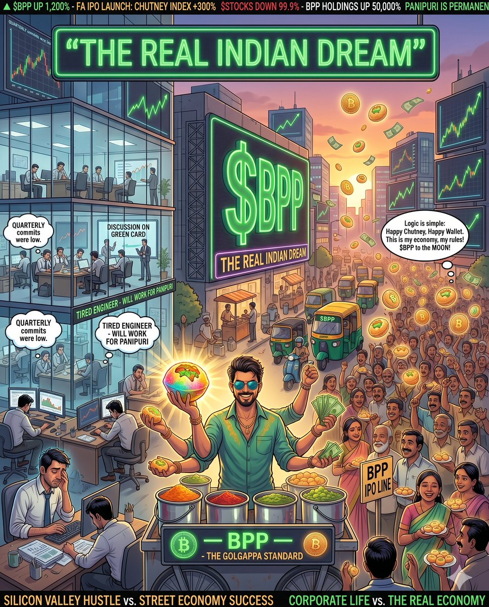 Bhayapanipuri's tweet photo. Outside Every Office:
American dream:
startup exit.
Indian dream:
owning the pani puri stall outside the startup.

$BPP 🌶️
Buy here:
https://t.co/kj5mmhJF9k

#BPP #BhaiyaPanipuri #Memecoin #Solana #StartupIndia #CryptoTwitter #IndianEconomy https://t.co/Nu8R2YvFmc
