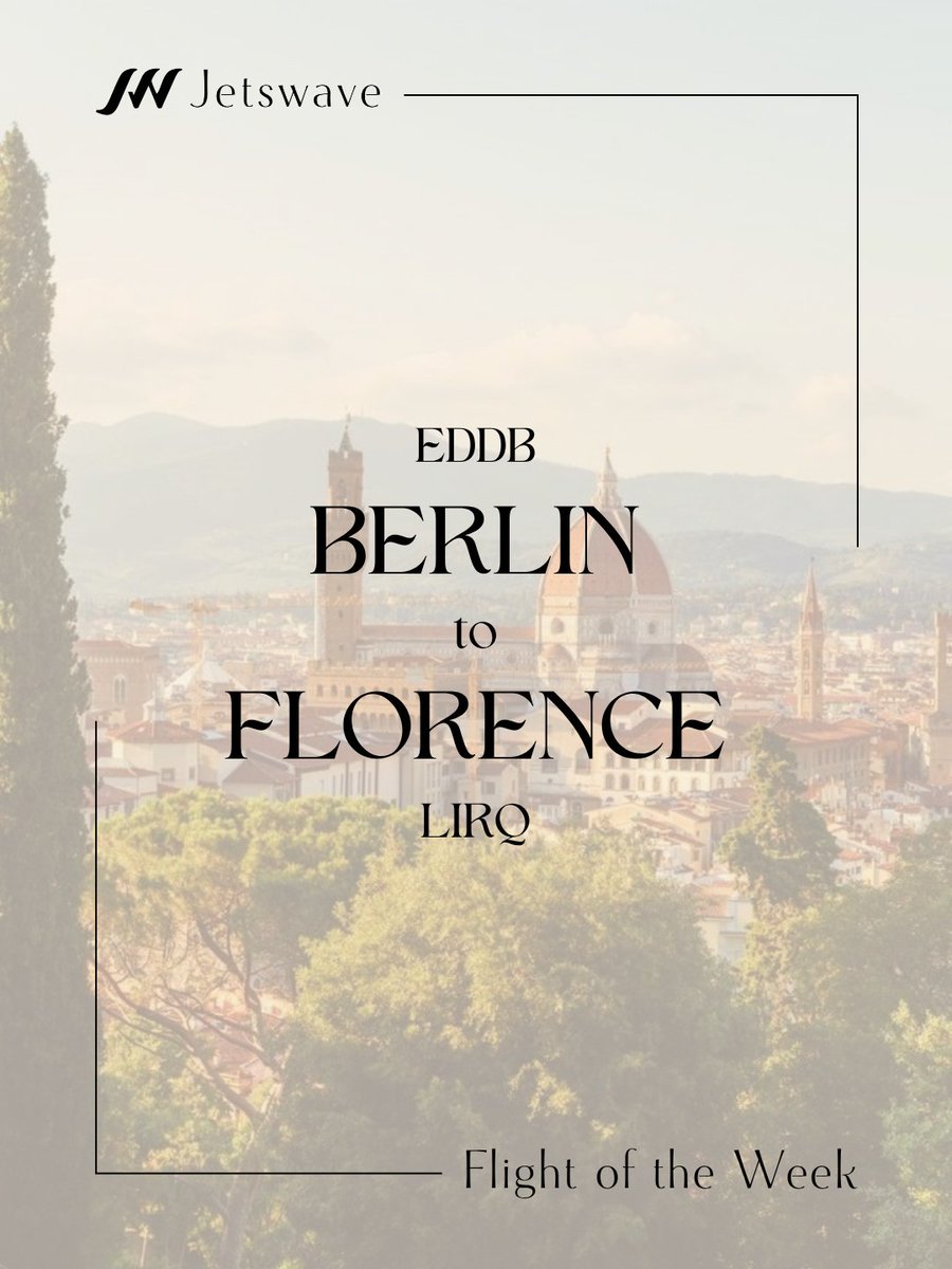 Jetswave's tweet photo. Flight of the Week
Berlin to Florence.
EDDB → LIRQ.

Some cities impress you instantly.
Others stay with you forever.

Florence has always been a place of art, elegance, and quiet discovery.
Golden streets, timeless architecture, and Tuscan charm create beauty at every turn.

For this route, the Cessna Citation CJ2+ delivers efficiency, comfort, and a seamless journey.

1,781 NM range.
Mach 0.74 performance.
Smooth. Direct. On your schedule.
Starting from $14,000.

DM us for availability.

#Jetswave #PrivateAviation #FlightOfTheWeek #Berlin #Florence #CessnaCitationCJ2 #LuxuryTravel