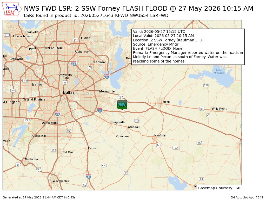 iembot_fwd's tweet photo. At 10:15 AM CDT, 2 SSW Forney [Kaufman Co, TX] Emergency Mngr reports Flash Flood. Emergency Manager reported water on the roads in Melody Ln and Pecan Ln south of Forney. Water was reaching some of the homes. #txwx https://t.co/2VIBB5AwbU https://t.co/unCQf706IK