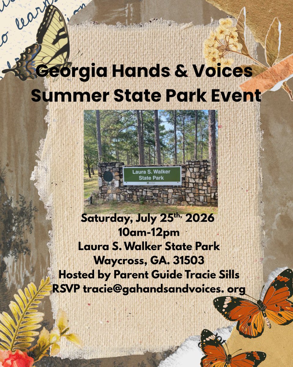 GAHandV's tweet photo. Parent Guide Tracie Sills is hosting a Summer State Park Event on Sat. July 25th, 2026 from 10am-12pm at Laura S. Walker State Park in Waycross, GA. 

RSVP needed by July 22nd to Tracie for her to give you final directions, details, rain delays, etc.  tracie@gahandsandvoices.org https://t.co/BqAL6icMA9