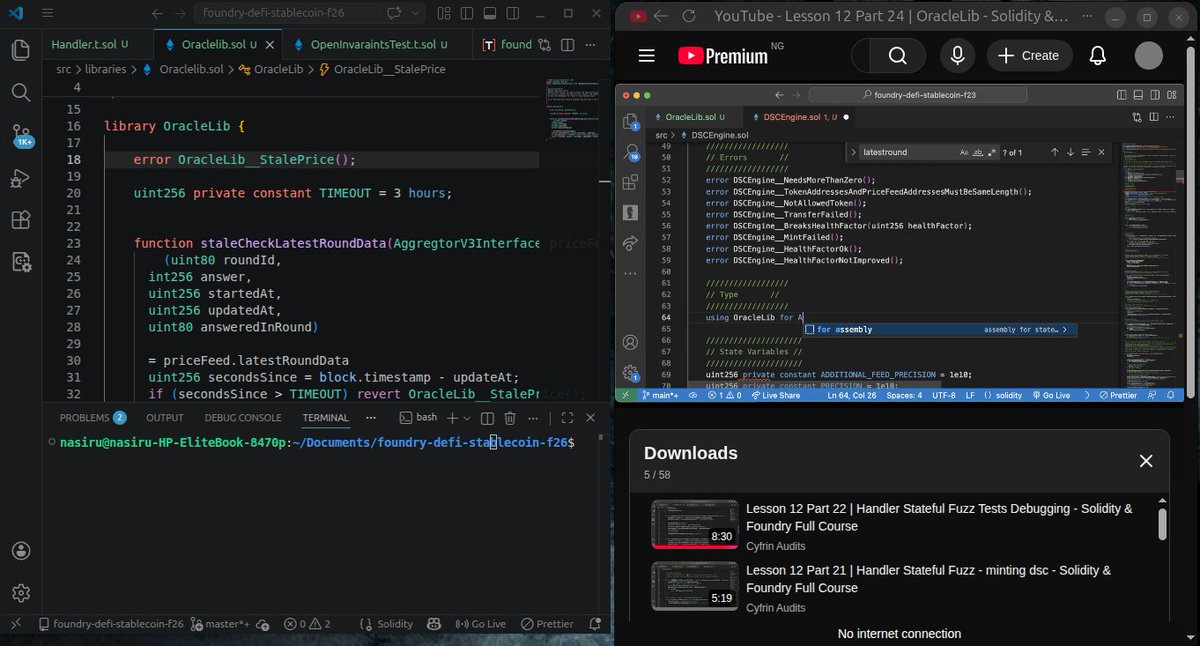 Nasintech's tweet photo. Day 58 of becoming a Smart Contract Developer🔥

Just finished the DeFi Stablecoin section on @CyfrinUpdraft 🎉

Built a Price Feed Handler + Oracle Library. Invariant testing, Chainlink feeds &amp; collateral math - most valuable section yet.

Rebuilding from scratch soon. We move👀 https://t.co/4zUe0KmO22
