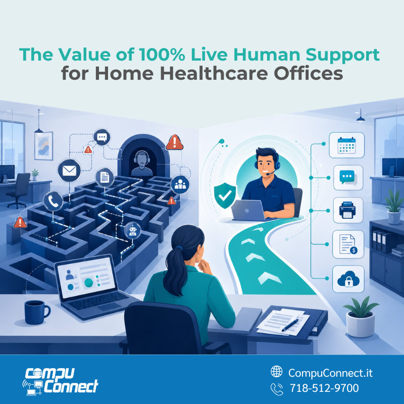 CompuConnectNYC's tweet photo. When a home healthcare office has an IT issue, the impact is rarely isolated.

A locked account can slow scheduling.
A printer issue can delay paperwork.
A remote access problem can interrupt billing, communication, or administrative workflows. https://t.co/ORiTTpyayH