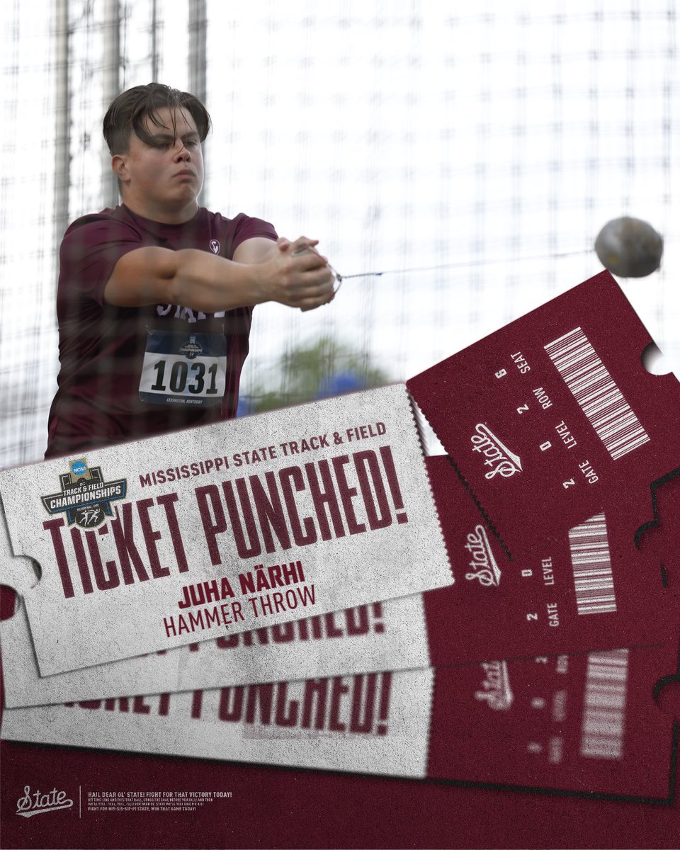 HailStateTF's tweet photo. 𝐓𝐈𝐂𝐊𝐄𝐓 𝐏𝐔𝐍𝐂𝐇𝐄𝐃🎟️

Juha earns the first ticket to the NCAA Outdoor Championships for the Bulldogs!

#HailState https://t.co/fnixgFgufd