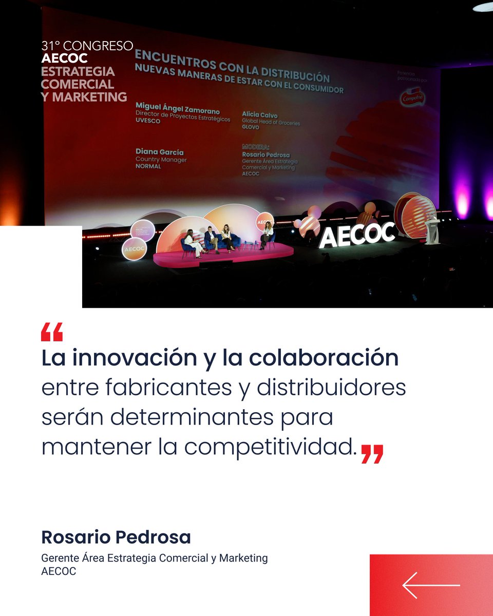 AECOC_ES's tweet photo. 📉 El 86% de las empresas prevé una caída del consumo a cierre de 2026.  

Este es uno de los titulares del ‘Sondeo Perspectivas Gran Consumo de AECOC’, el estudio que recoge la visión de más de 80 directivos de la distribución y la industria.  

Pero no es el único titular. Desliza y descubre los datos más interesantes del sondeo con Rosario Pedrosa.