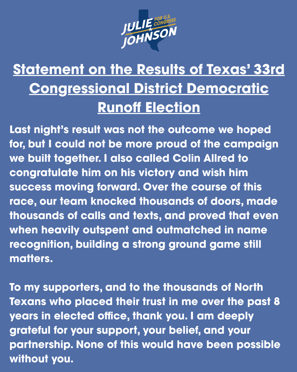 juliejohnsonTX's tweet photo. My statement on the results of last night's runoff election in Texas' 33rd Congressional District Democratic Primary. #TX33 https://t.co/34kJtws1FR