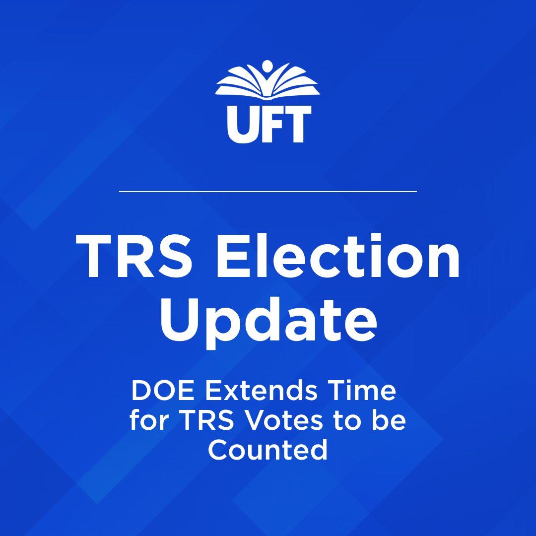 UFT's tweet photo. The Department of Education has confirmed it needs more time for votes to be counted in the Teachers’ Retirement System election. Each candidate’s tellers (vote counters) will have additional time to count and verify votes.

While this election is administered by the DOE, the UFT is closely monitoring the process and will provide updates as vote tallying moves forward on June 2. 

Thanks again to all our members who participated in these elections!