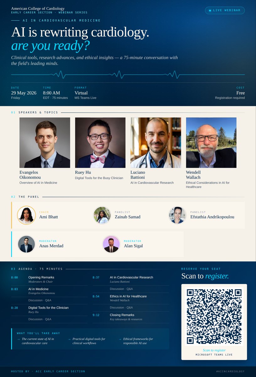 aayshacader's tweet photo. Join #ACCEarlyCareer international work group for this exciting webinar on Artificial Intelligence in Cardiology
🪑 @AmiBhattMD @ACCinTouch 

🗓️Friday 29 May
⏰8 AM EDT, 12PM 🇬🇧, 8PM🇸🇬

Register FREE here 
https://t.co/Crfq2DXAzW  

@ZainabASamad  @ekoikonomou @ezmanshariff https://t.co/Xnncvigghx