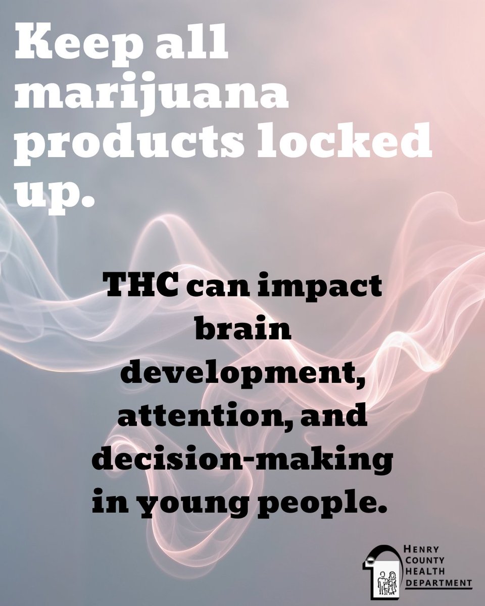HenryCountyHD's tweet photo. You wouldn’t hand your teen a drink — so don’t share marijuana either. 🚫
THC can impact brain development, attention, and decision-making in young people.
Lock up all marijuana products to keep kids and teens safe.

https://t.co/SKL0uXKcqE https://t.co/TgIKAIF6oV